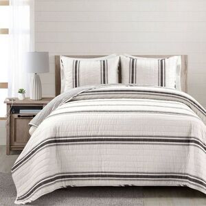 3pc King Farmhouse Stripe Reversible Quilt & Sham Set Black - Lush Décor